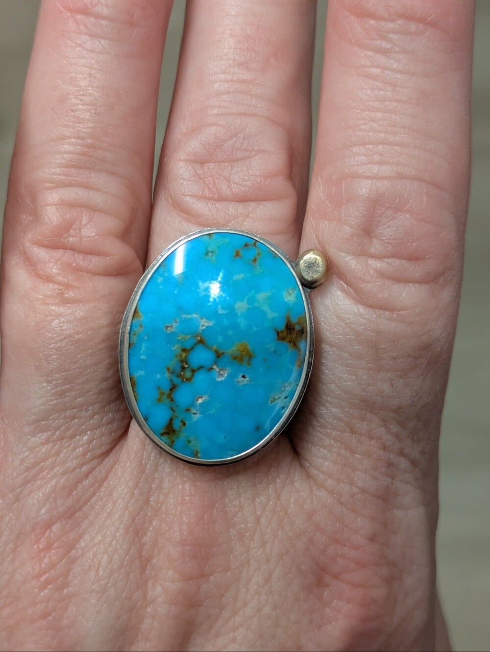 Minimalist Sterling Silver Royston Turquoise Oval Ring - With Bronze Dot Detail